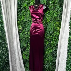 MUXXN  Dress Medium Women's Red Burgundy Satin Cowl‎ Neck Sleeveless Gown 3236